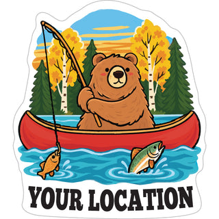 Bear fishing in canoe sticker - your location custom text