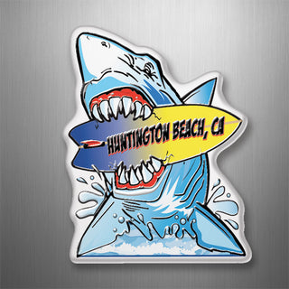 Huntington Beach, CA - Shark Chomping Surfboard 3D Plastic Refrigerator Magnet