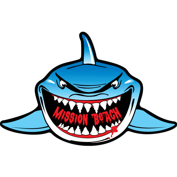 Blue shark with bloody text that says Mission Beach