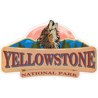 Wooden Sign Howling Wolf   Yellowstone National Park Wooden Sign Howling Wolf Sticker