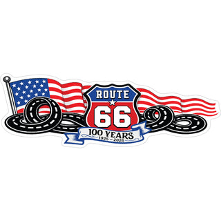 Route 66   Red and Blue Shield with Curved Roads & Flag Sticker