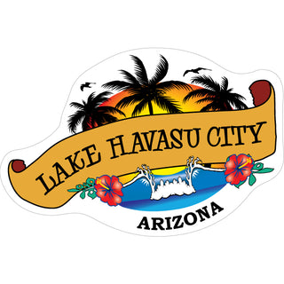 Lake Havasu City  Arizona   Scroll Banner With Wave & Palm Trees Sticker