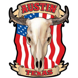 Austin  TX   Flag Steer Skull Sticker