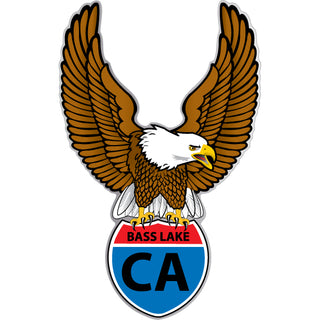 Bass Lake CA   Bald Eagle Grasping American Flag Shield Sticker