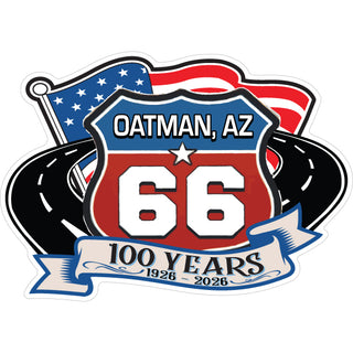 Oatman  AZ   Red and Blue Shield with Curved Roads & Flag Sticker