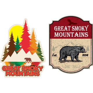Great Smoky Mountains 2Up Fall Trees Mountain Sunset and Red Sign with Bear Sticker