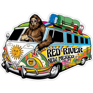 Red River  New Mexico   Bigfoot Driving Hippie Van Bus Sticker