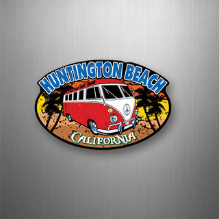 Huntington Beach  California Red Bus Corner View on Oval Flexible Magnet