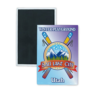 alt Lake City  Utah   Winter Playground with Crossed Skis Rectangle Badge Magnet