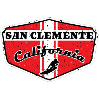San Clemente Red Distressed Shield   San Clemente Red Surfer Shield Sticker