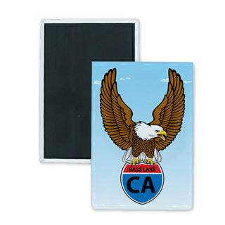 Bass Lake CA   Bald Eagle Grasping American Flag Shield Rectangle Badge Magnet