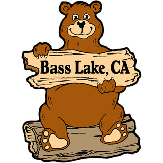Bass Lake  CA   Log Bear Holding Sign Sticker