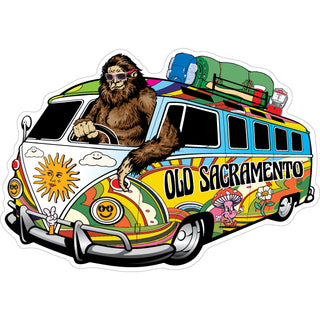 Old Sacramento Bigfoot Driving Hippie Van Bus Sticker
