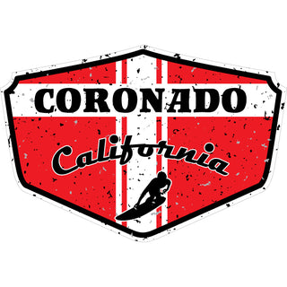 Coronado  CA Red Distressed Surfer Shield Sticker