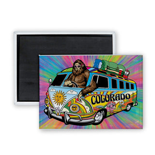 Colorado   Bigfoot Driving Hippie Van Bus Rectangle Badge Magnet