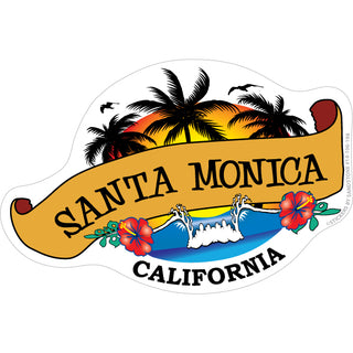 Santa Monica  California   Wave & Palm Trees Scroll Banner Sticker