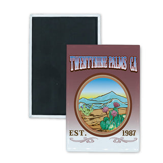 Twentnine Palms  Ca est 1987   Desert Scene Circle on Rectangle Rectangle Badge Magnet