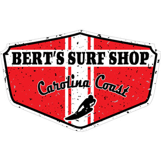 Bert's Surf Shop Red Distressed Surfer Shield Sticker