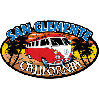 San Clemente CA Red Bus On Oval Sticker