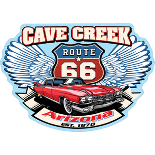 Cave Creek  Arizona est. 1870   Red Car Wings Shield Sticker