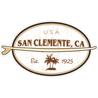 San Clemente  California   Coastal Wood Grain Oval with Surfboard Sticker