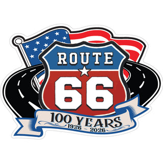 Route 66   Red and Blue Shield with Curved Roads & Flag Sticker