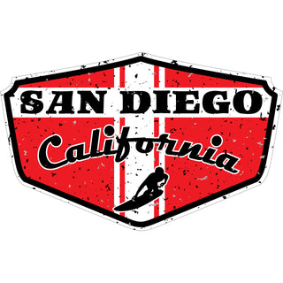 San Diego  California   Red Distressed Surfer Shield Sticker