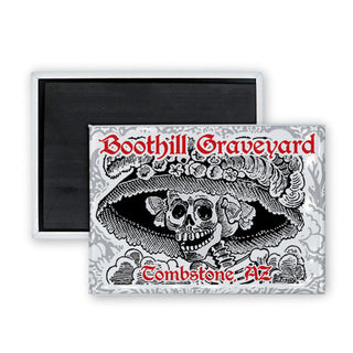 Boothill Graveyard  Tombstone  AZ   Sugar Skull Hat Black and White Rectangle Badge Magnet