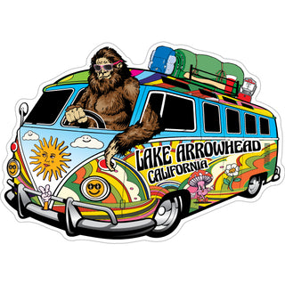 Lake Arrowhead  California Bigfoot Driving Hippie Bus Sticker