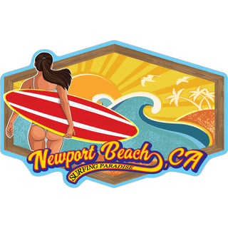 Newport Beach  CA   Surfer Girl Wood Frame Sticker