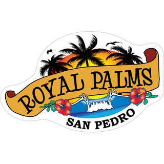 Royal Palms  San Pedro Scroll Banner With Wave & Palm Trees Sticker