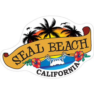 Seal Beach  California   Wave & Palm Trees Scroll Sticker