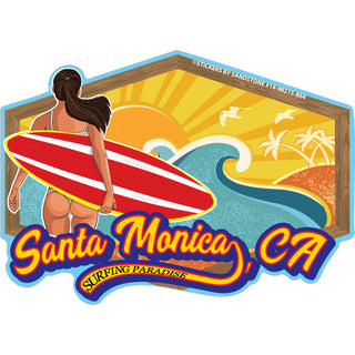 Santa Monica  CA   Surfer Girl Wood Frame Sticker