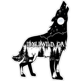Idyllwild  CA   Wolf Howling Mountain scene inside Black and White Sticker