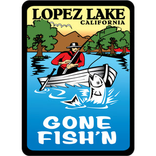 OK4 Lopez Lake CA Vintage Gone Fishin Color Vertical mini Sticker
