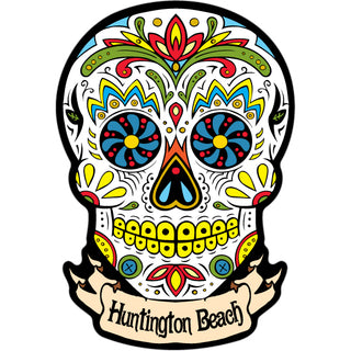 Huntington Beach   White Banner Sugar Skull Sticker