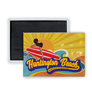 Huntington Beach  California Surfer Girl Wood Frame Rectangle Badge Magnet