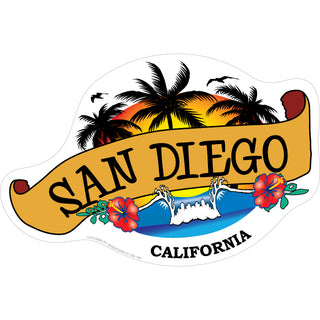 San Diego CA Wave and Palm Trees Scroll Banner Sticker