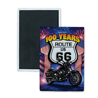 Route 66   Shield and Motorcycle & Draping Flags Rectangle Badge Magnet