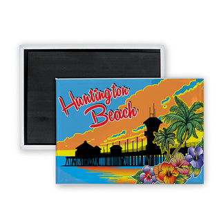 Huntington Beach   Floral Sunset Silhouette Pier Rectangle Badge Magnet
