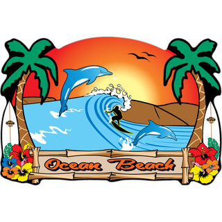 Ocean Beach CA Surfer Dolphin Scene Sticker