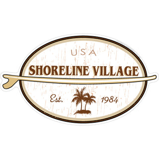 OK4 Shoreline Village Est. 1984 Wood Grain Oval w Surfboard (0482 01237 03) Sticker
