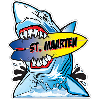 ST MAARTEN SHARK CHOMPING ON SURFBOARD Sticker