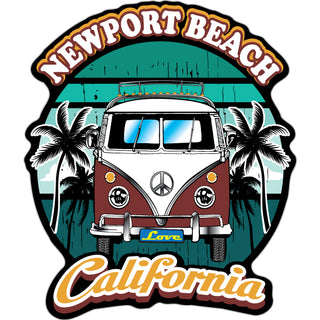 Newport Beach CA Burgundy Bus on Circle with Palms Sticker