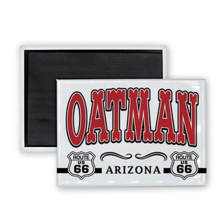 Oatman Western Font w Route 66 Double Shields (00032) Rectangle Badge Magnet
