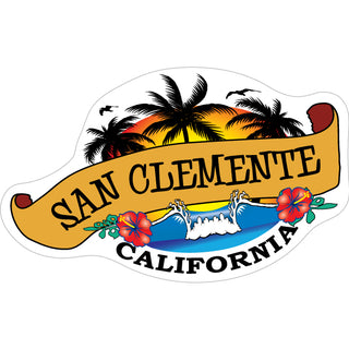 San Clemente  California   Banner With Wave And Palms Sticker
