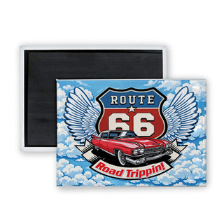 Route 66   Red Car Wings Shield Rectangle Badge Magnet