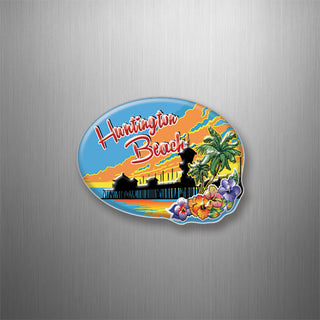 Huntington Beach   Floral Sunset Silhouette Pier 3D Magnet