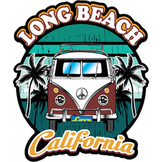 OK4 Long Beach Burgundy Bus Front View in Circle with Palm Trees small Sticker