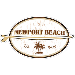 Newport Beach   Coastal Wood Grain Oval with Surfboard Sticker